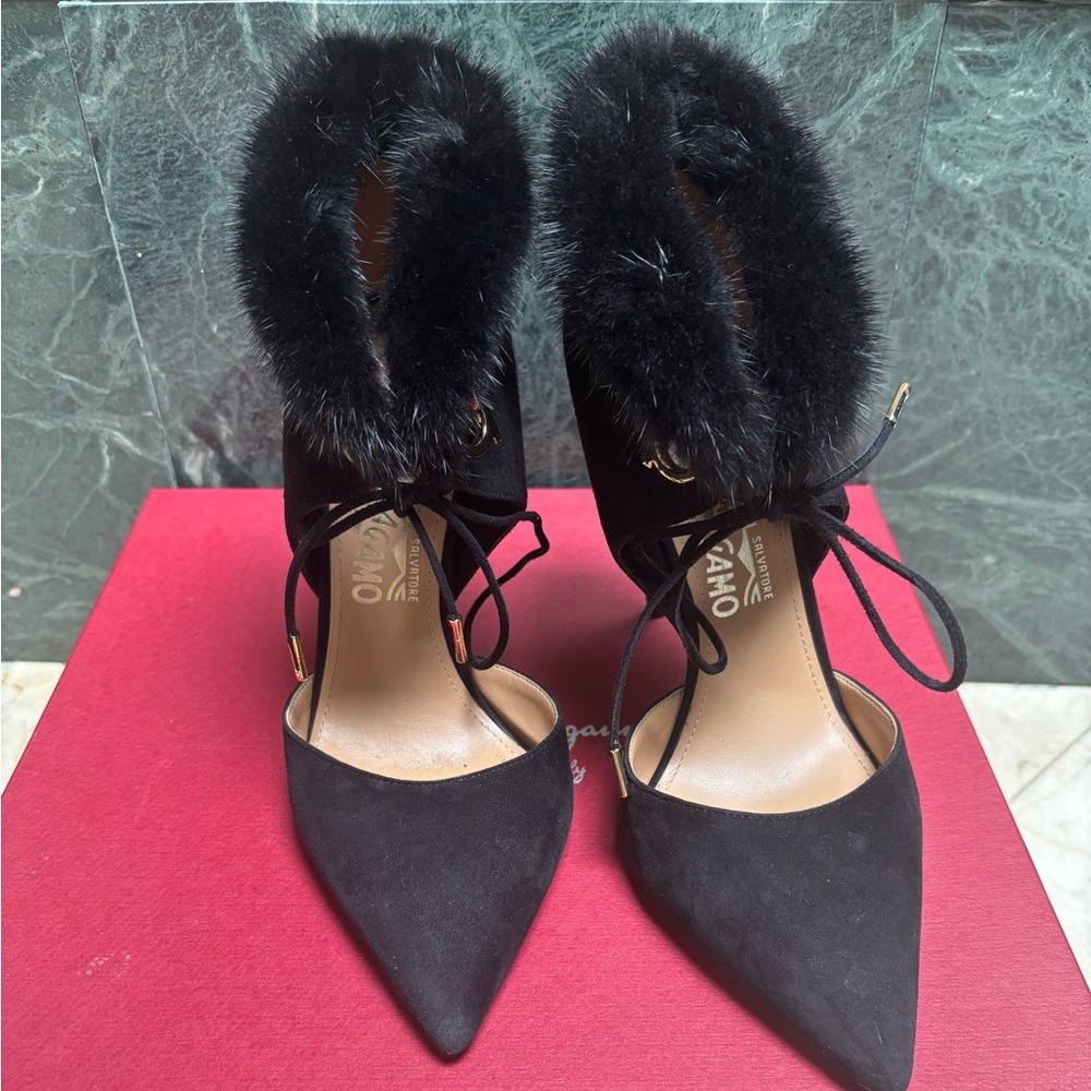 Salvatore Ferragamo Black Heels with fur trimming.
